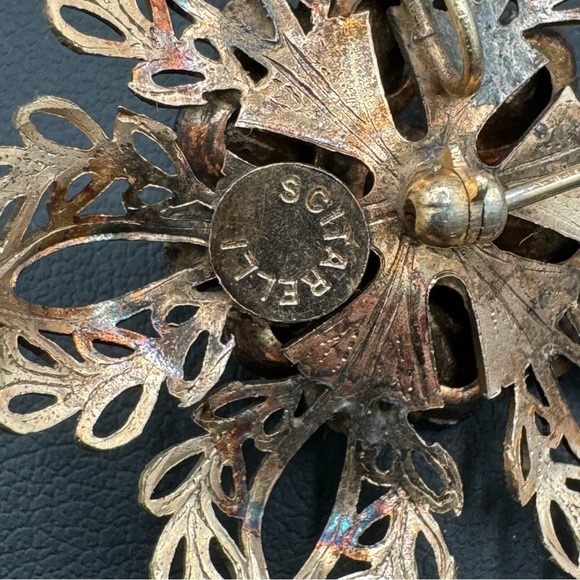 Vintage 1940 Signed Scitarelli Ruby Rhinestone Filigree Snowflake Pendant Brooch - Picture 7 of 13